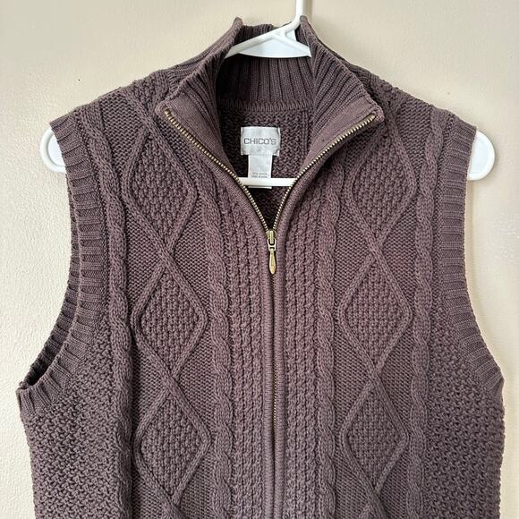 Chicos Cable Knit Sweater Vest SMALL Zip Front Preppy Career Academia Brown - Picture 5 of 11